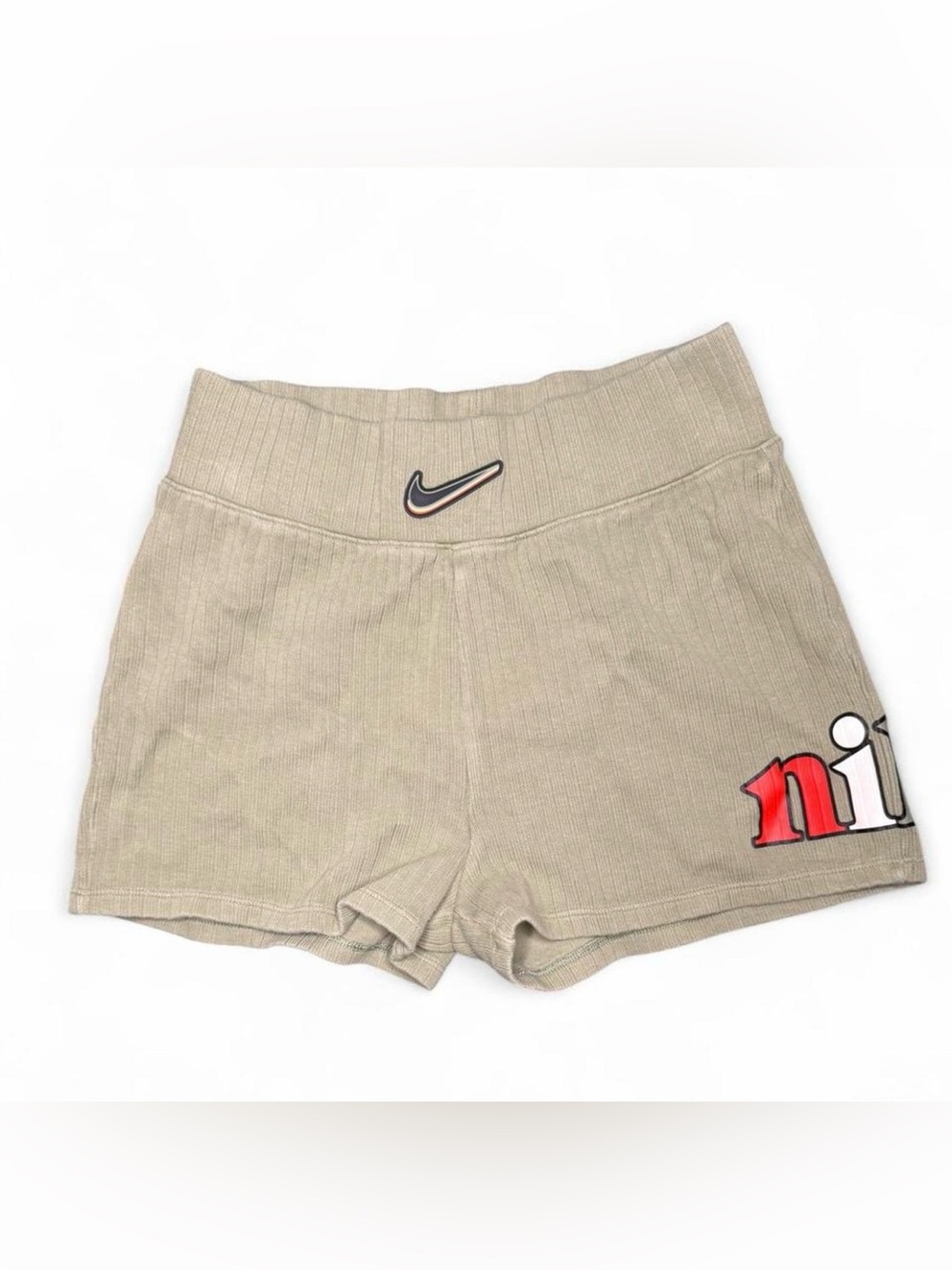 Nike Women's Ribbed Beige Athletic Shorts with Red Accent
